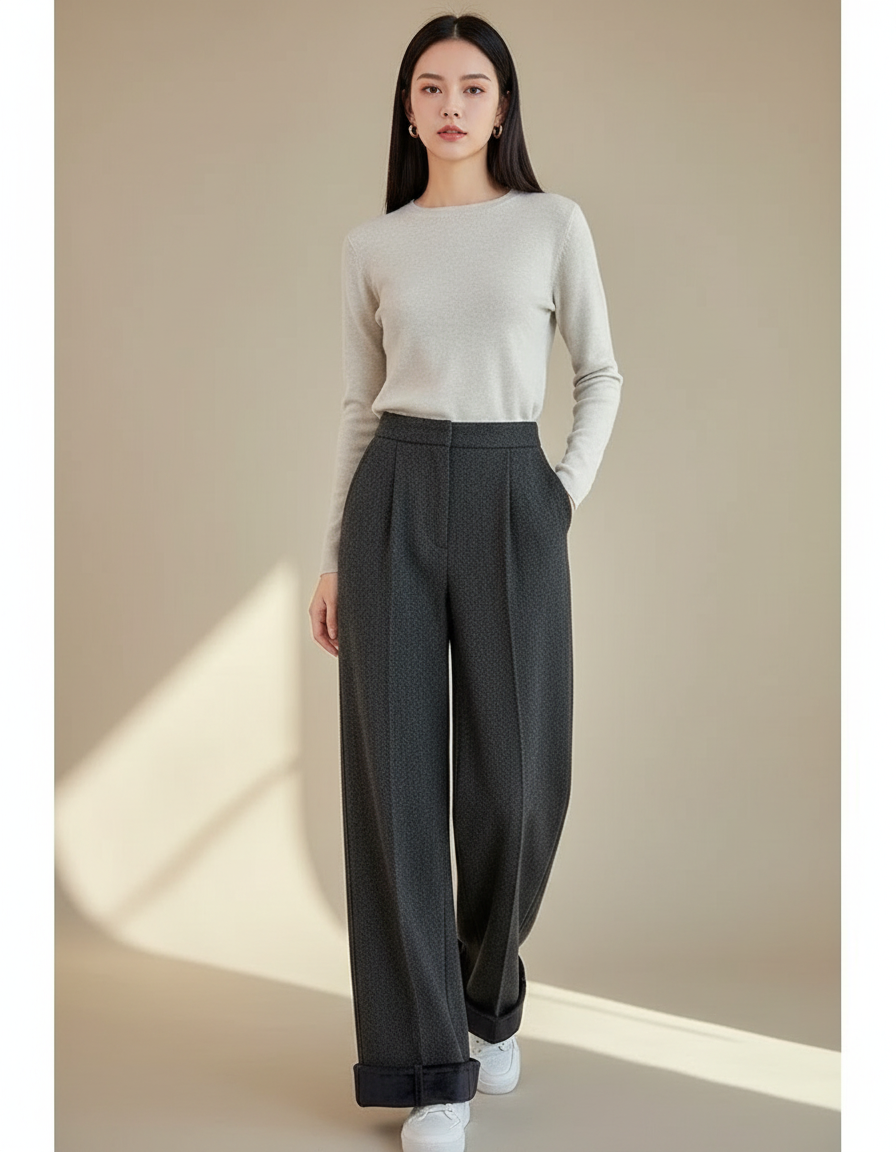 Pantalon Gris Droit Ample Taille Haute Texturé - Tweed