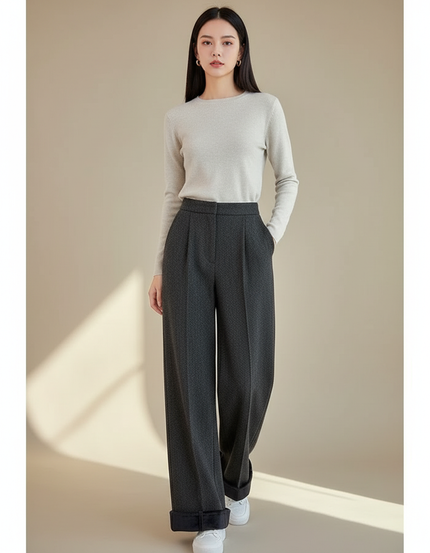 Pantalon Gris Droit Ample Taille Haute Texturé - Tweed