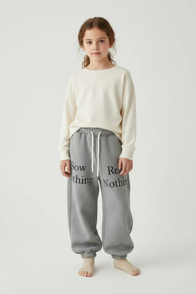Pantalon Gris Ample Molletonné Imprimé Décontracté Fille