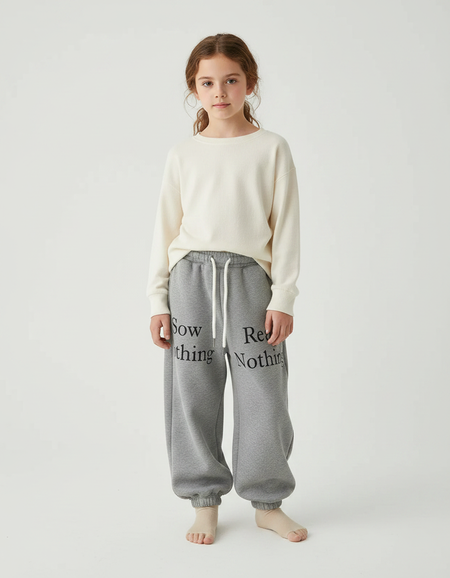 Pantalon Gris Ample Molletonné Imprimé Décontracté Fille