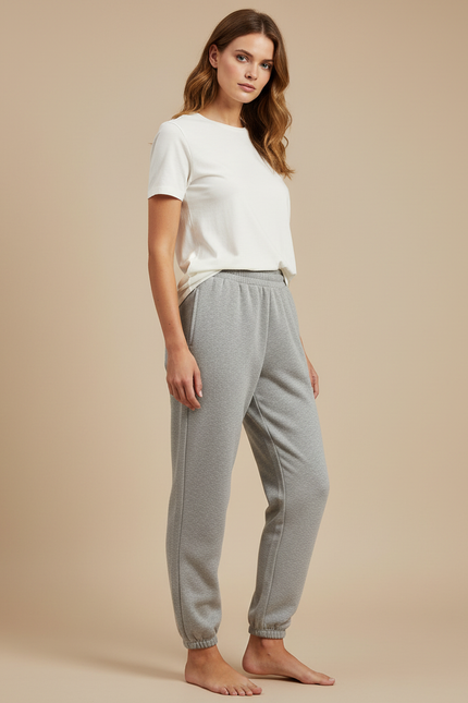 Pantalon Gris Molletonné Ample Décontracté Confortable Cordon