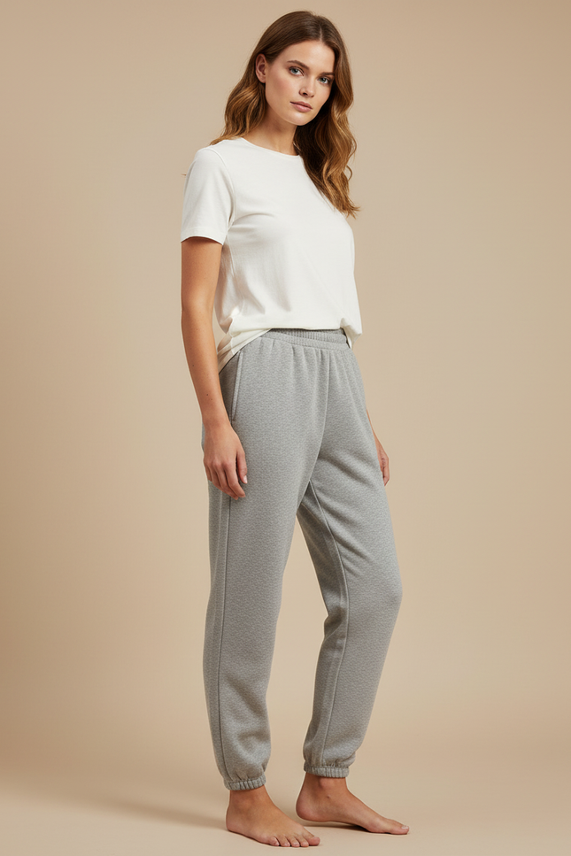 Pantalon Gris Molletonné Ample Décontracté Confortable Cordon