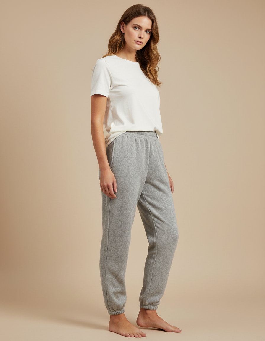 Pantalon Gris Molletonné Ample Décontracté Confortable Cordon