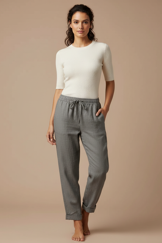 Pantalon Gris Lin Coton Fluide Décontracté Femme