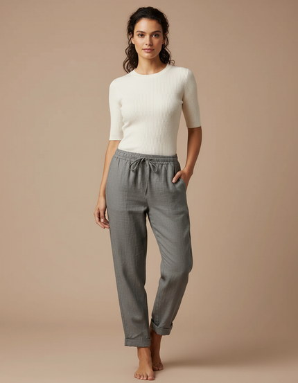 Pantalon Gris Lin Coton Fluide Décontracté Femme