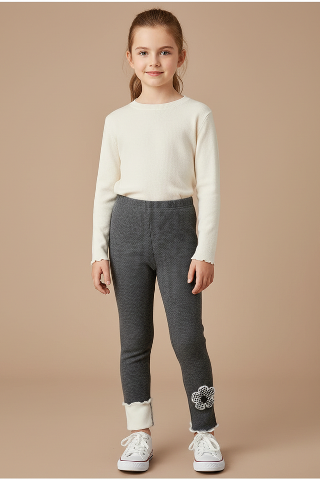 Pantalon Gris Côtelé Chaud Fille Hiver Fleur - Cordé