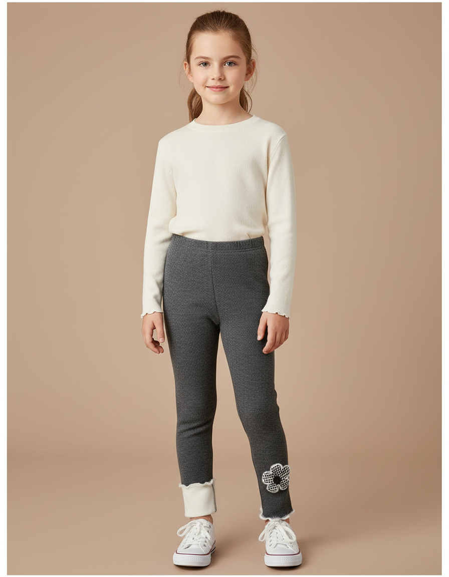 Pantalon Gris Côtelé Chaud Fille Hiver Fleur - Cordé