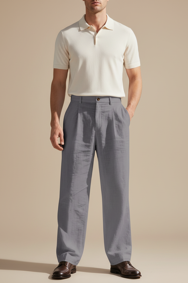 Pantalon Gris Ample Décontracté Lin Homme