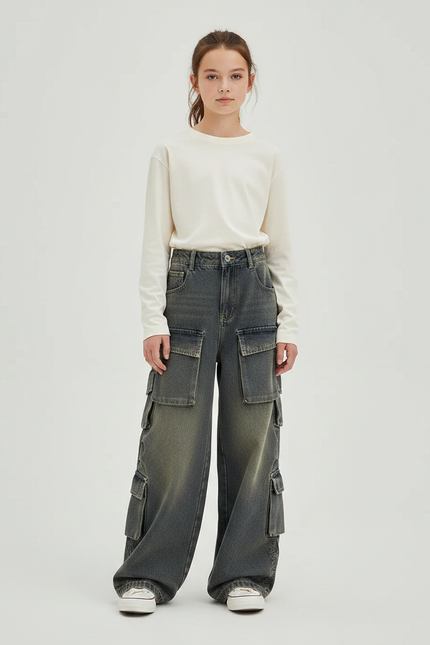Pantalon Gris Cargo Ample Délavé Denim Enfant - Jean