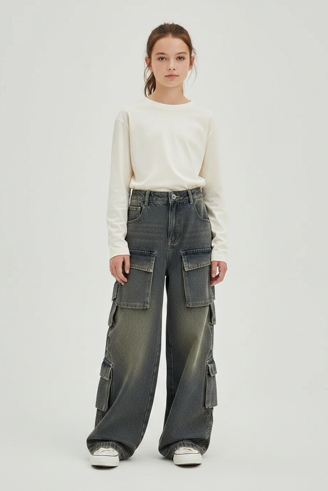 Pantalon Gris Cargo Ample Délavé Denim Enfant - Jean