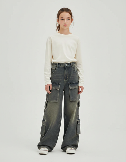 Pantalon Gris Cargo Ample Délavé Denim Enfant - Jean