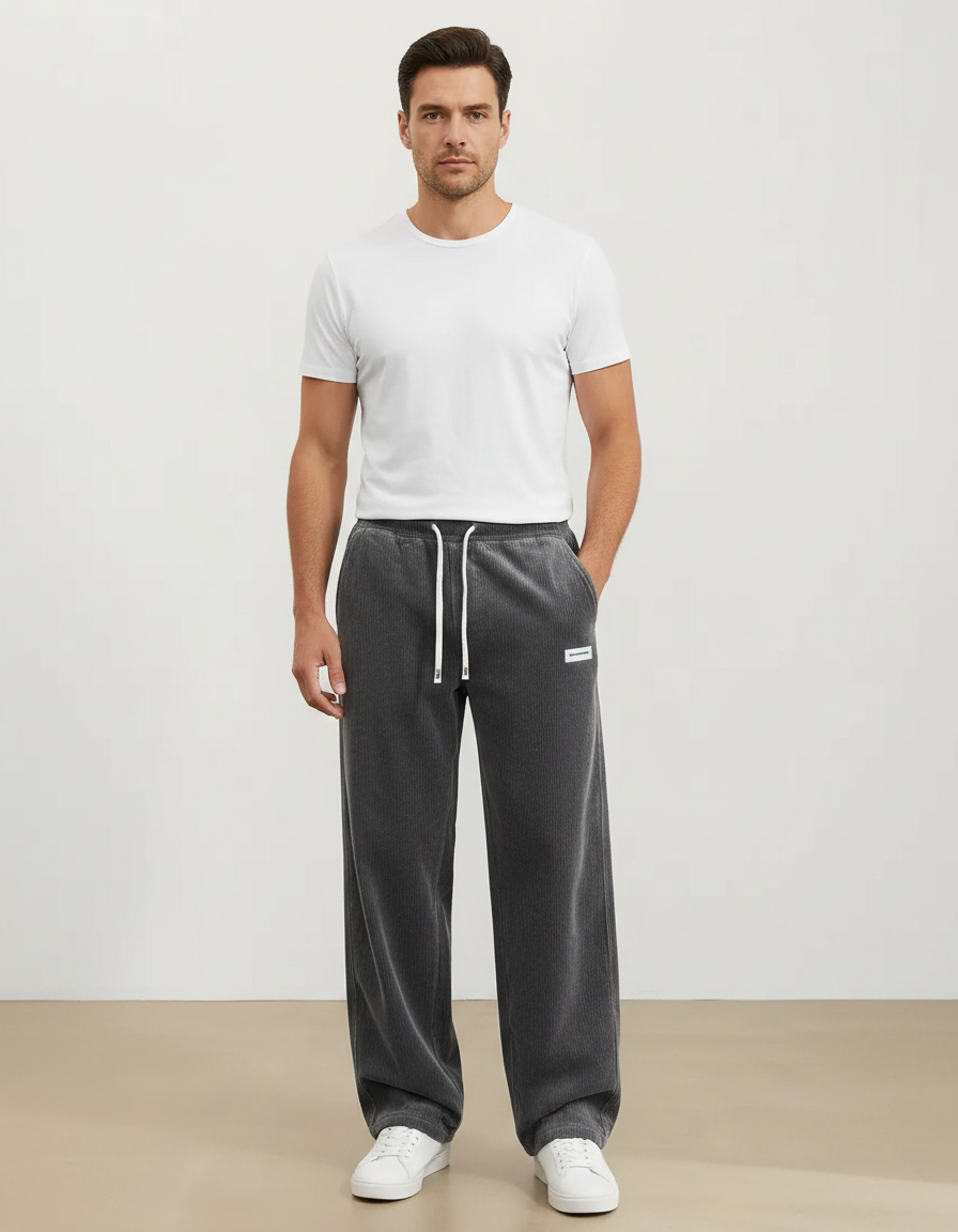 Pantalon Gris Côtelé Ample Décontracté Homme Cordon - Cordé
