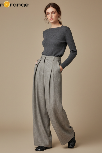 Pantalon Gris Laine Plissé Ample Femme Rétro