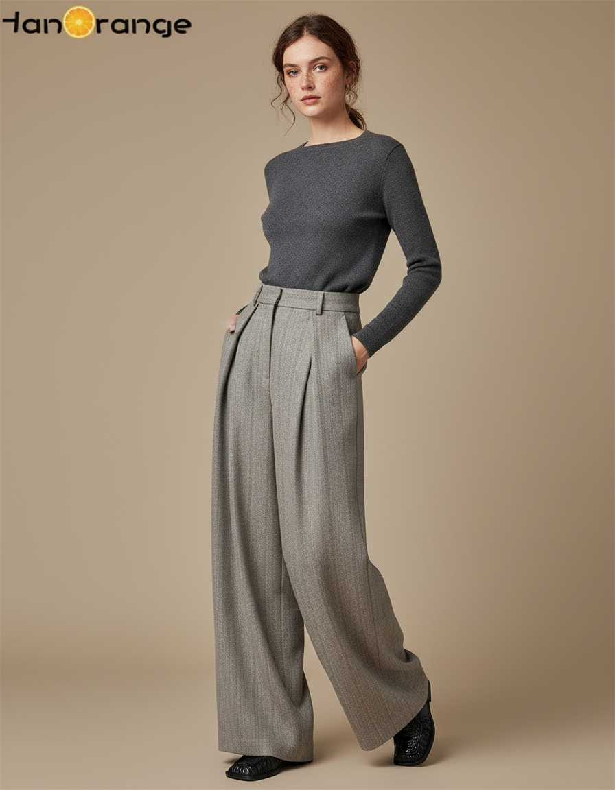 Pantalon Gris Laine Plissé Ample Femme Rétro