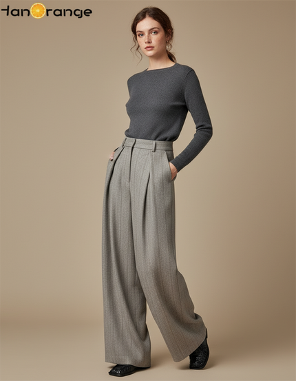 Pantalon Gris Laine Plissé Ample Femme Rétro