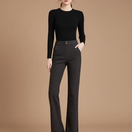 Pantalon Gris Évasé Laine Taille Haute Femme