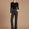 Pantalon Gris Évasé Laine Taille Haute Femme