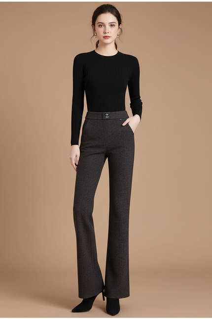 Pantalon Gris Évasé Laine Taille Haute Femme