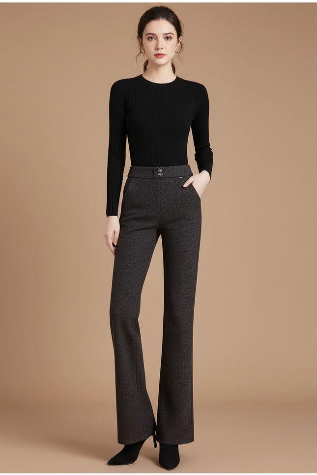 Pantalon Gris Évasé Laine Taille Haute Femme