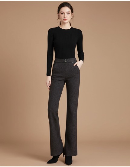 Pantalon Gris Évasé Laine Taille Haute Femme