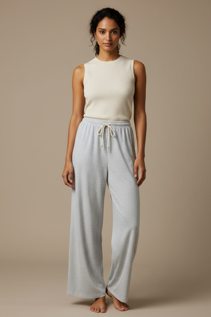Pantalon Gris Rayé Ample Cordon Décontracté - Maille