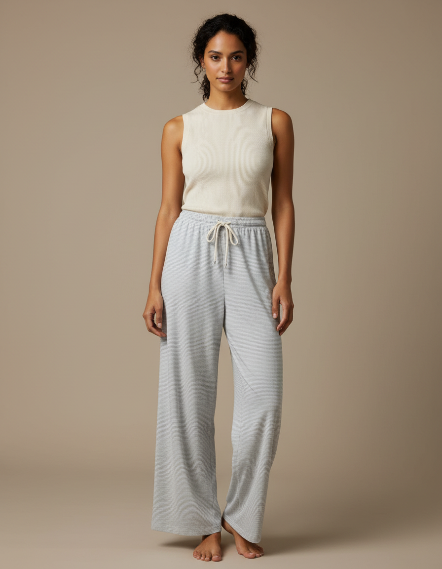 Pantalon Gris Rayé Ample Cordon Décontracté - Maille