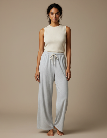 Pantalon Gris Rayé Ample Cordon Décontracté - Maille