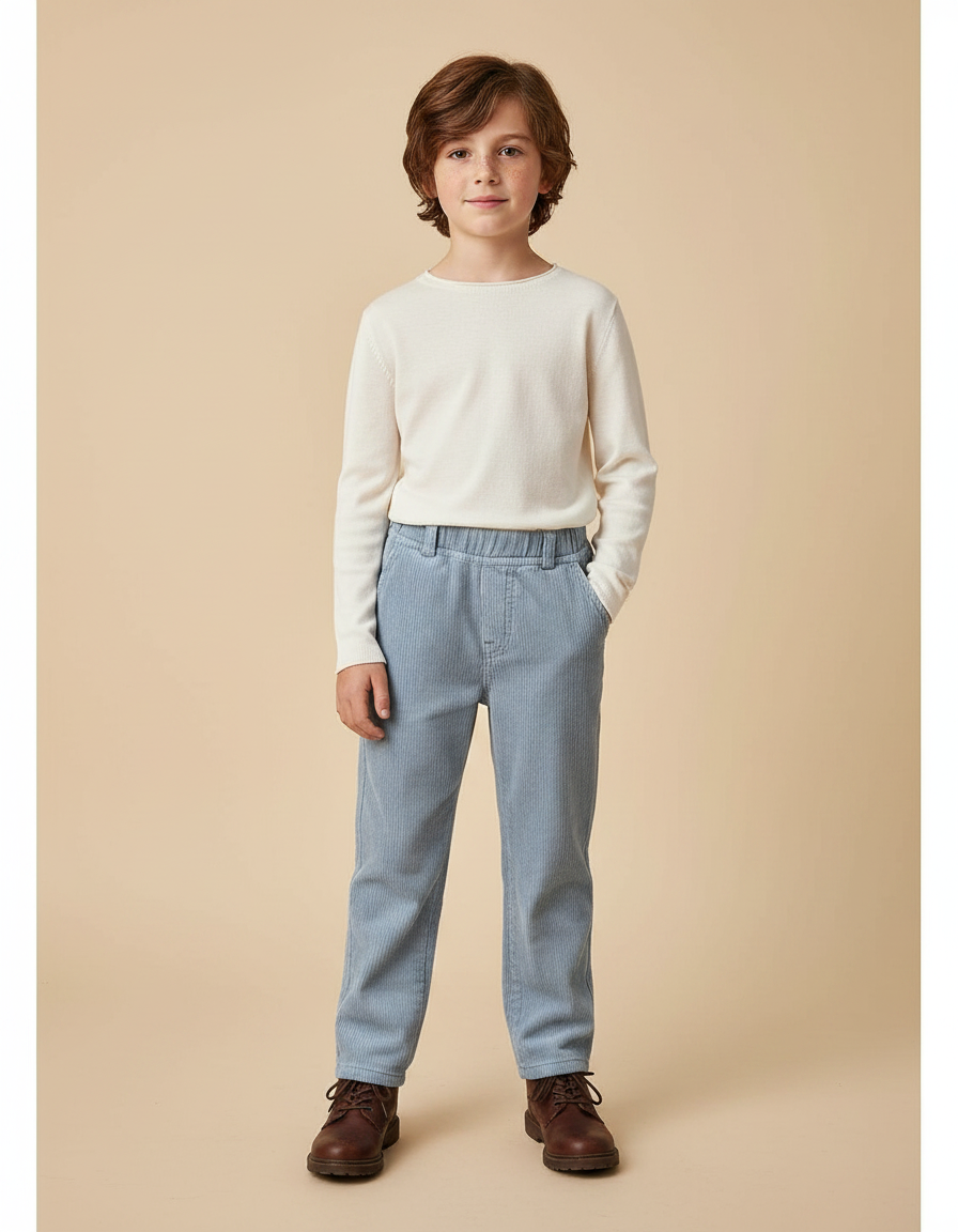 Pantalon Gris Côtelé Enfant Décontracté Droit - Bleu Cordé