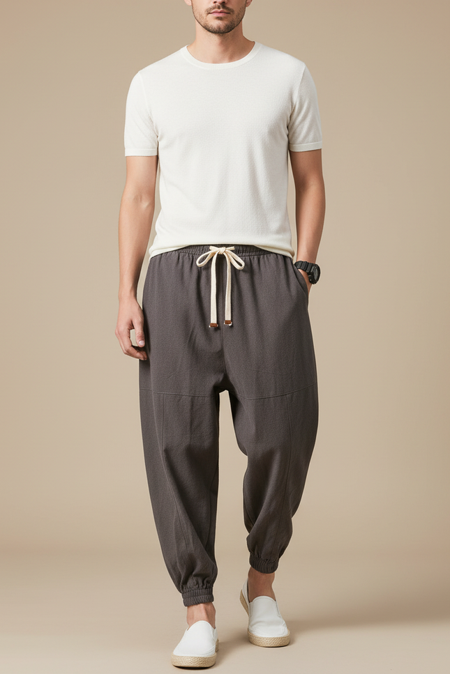 Pantalon Gris Lin Ample Décontracté Homme Cordon