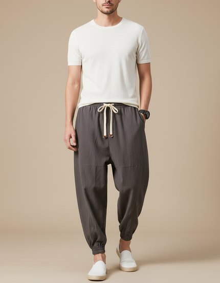Pantalon Gris Lin Ample Décontracté Homme Cordon