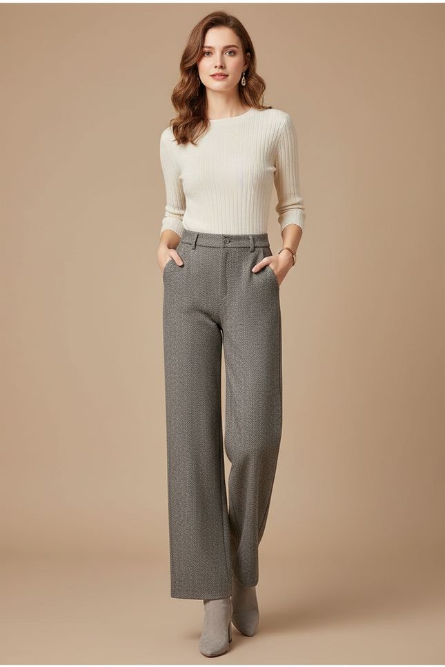 Pantalon Gris Large Taille Haute Élégant - Tweed