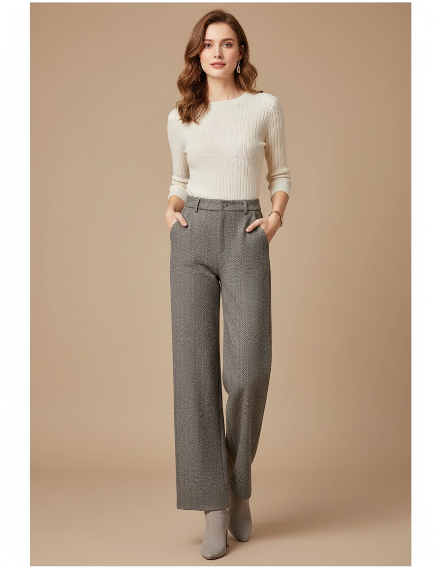 Pantalon Gris Large Taille Haute Élégant - Tweed
