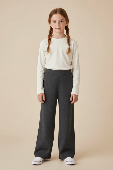 Pantalon Gris Ample Tricoté Décontracté Fille - Maille