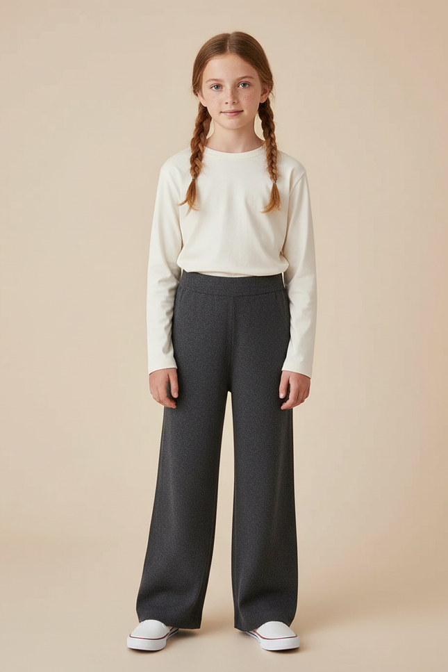 Pantalon Gris Ample Tricoté Décontracté Fille - Maille