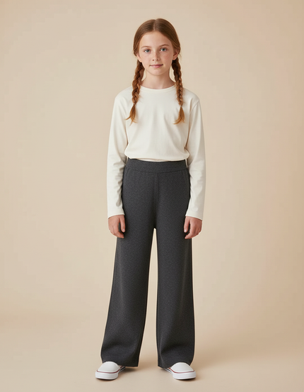Pantalon Gris Ample Tricoté Décontracté Fille - Maille