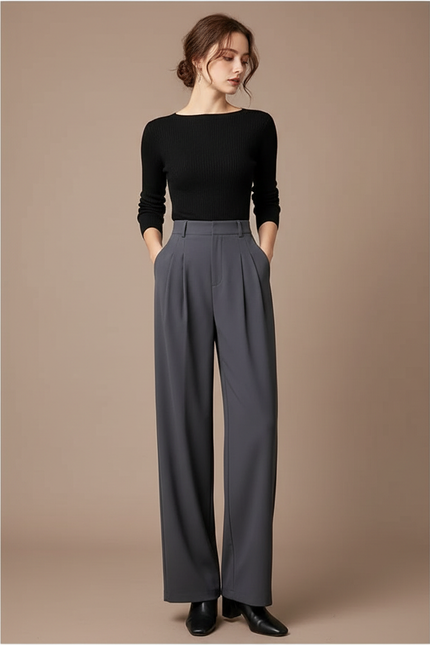 Pantalon Gris Large Fluide Taille Haute Élégant Femme - Polyester