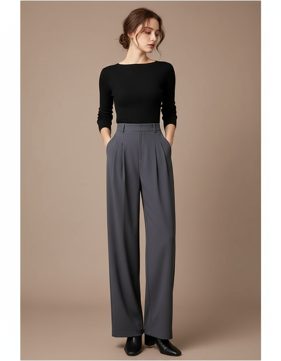 Pantalon Gris Large Fluide Taille Haute Élégant Femme - Polyester