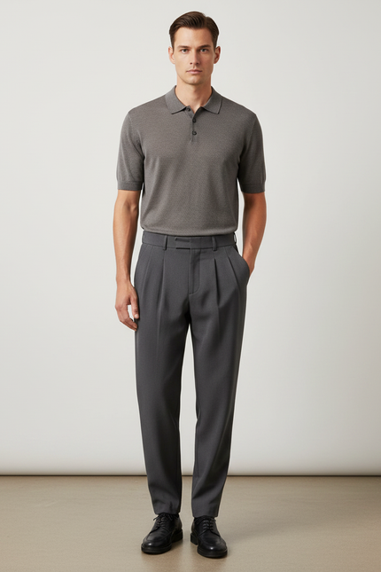 Pantalon Gris Plissé Droit Élégant Business Homme - Gabardine