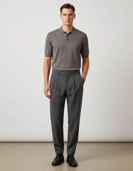 Pantalon Gris Plissé Droit Élégant Business Homme - Gabardine