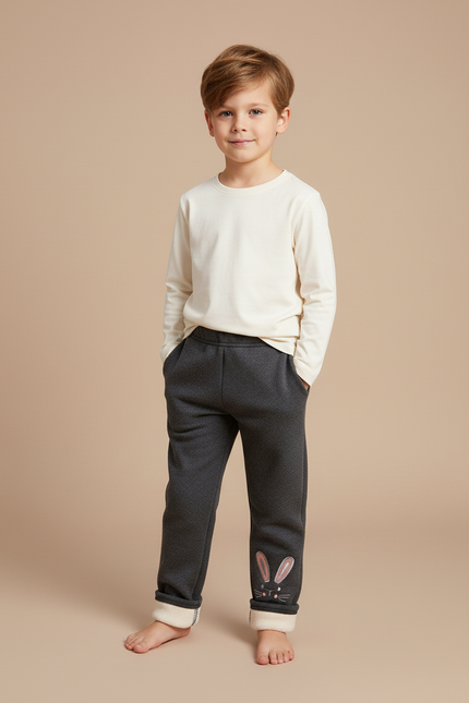Pantalon Gris Molletonné Enfant Brodé Lapin Hiver