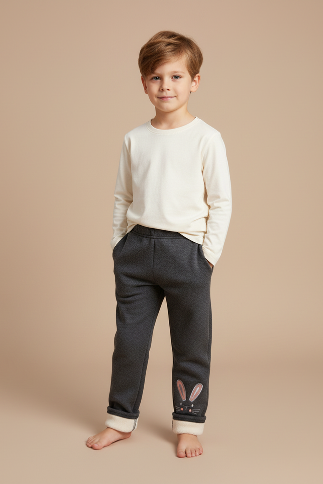 Pantalon Gris Molletonné Enfant Brodé Lapin Hiver