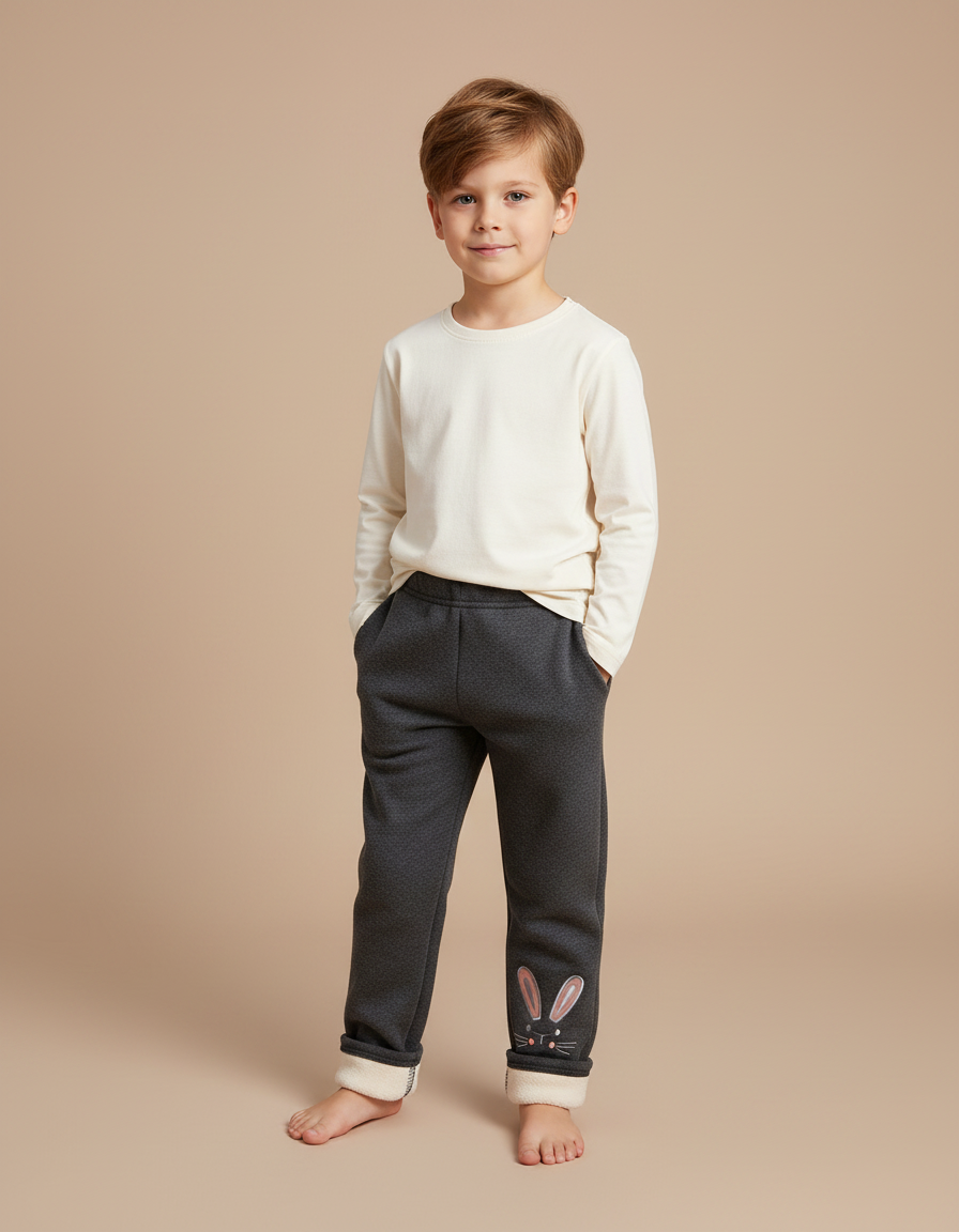 Pantalon Gris Molletonné Enfant Brodé Lapin Hiver