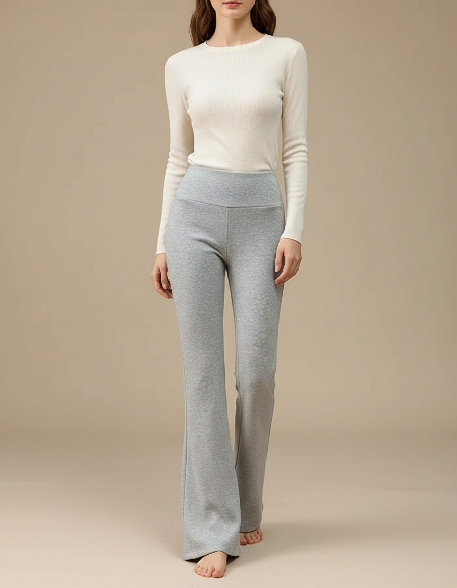 Pantalon Gris Molletonné Taille Haute Évasé Femme