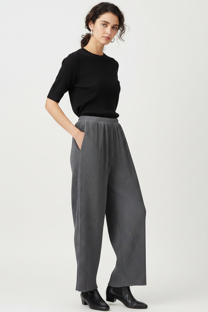 Pantalon Gris Plissé Fluide Décontracté Large Femme - Polyester