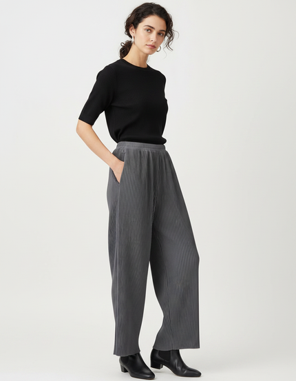 Pantalon Gris Plissé Fluide Décontracté Large Femme - Polyester