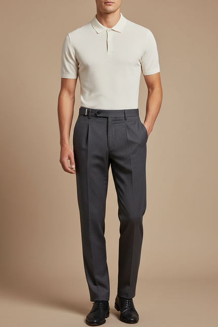 Pantalon Gris Laine Plissé Slim Habillé Élégant