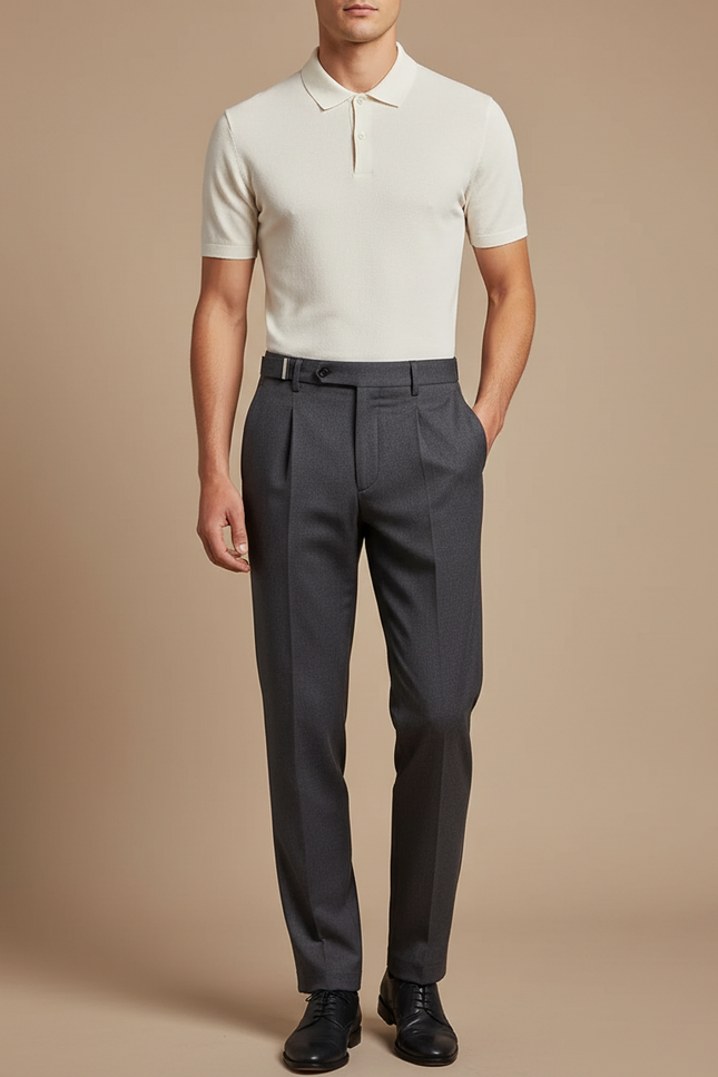Pantalon Gris Laine Plissé Slim Habillé Élégant