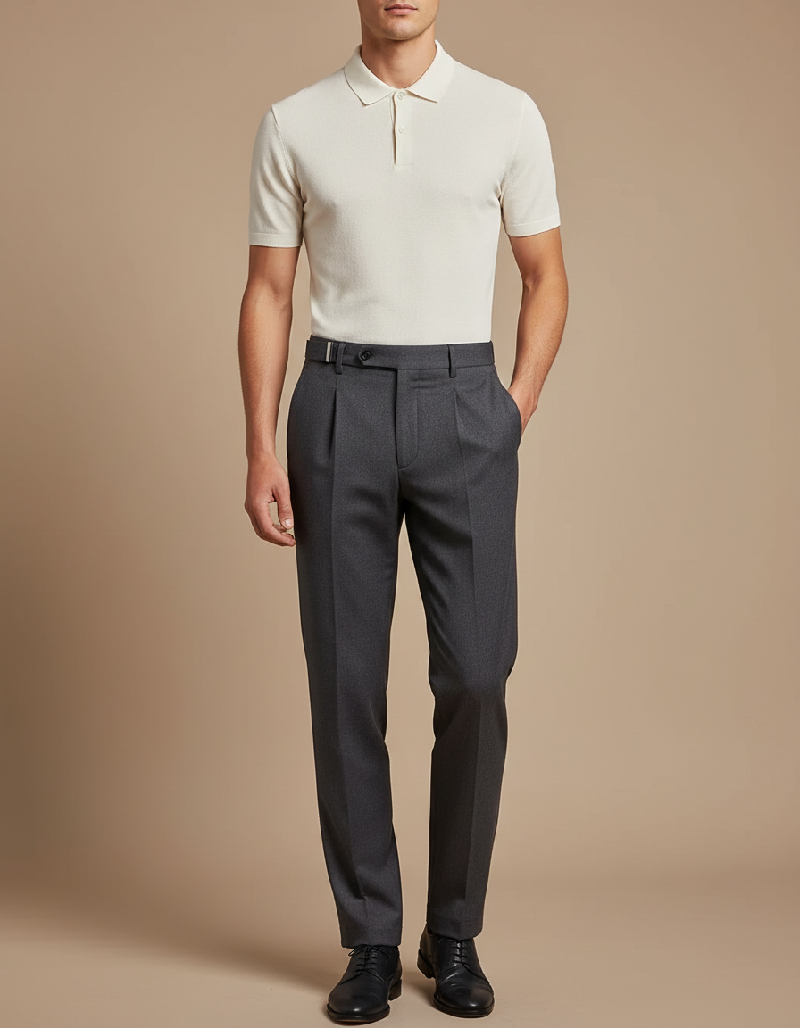 Pantalon Gris Laine Plissé Slim Habillé Élégant