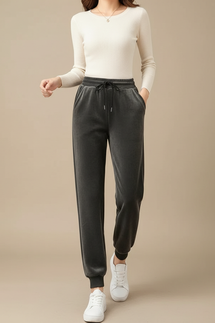 Pantalon Gris Velours Harem Chaud Décontracté