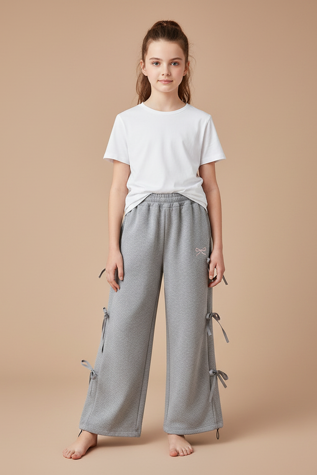 Pantalon Gris Ample Coton Sportif Nœuds Latéraux - Molleton